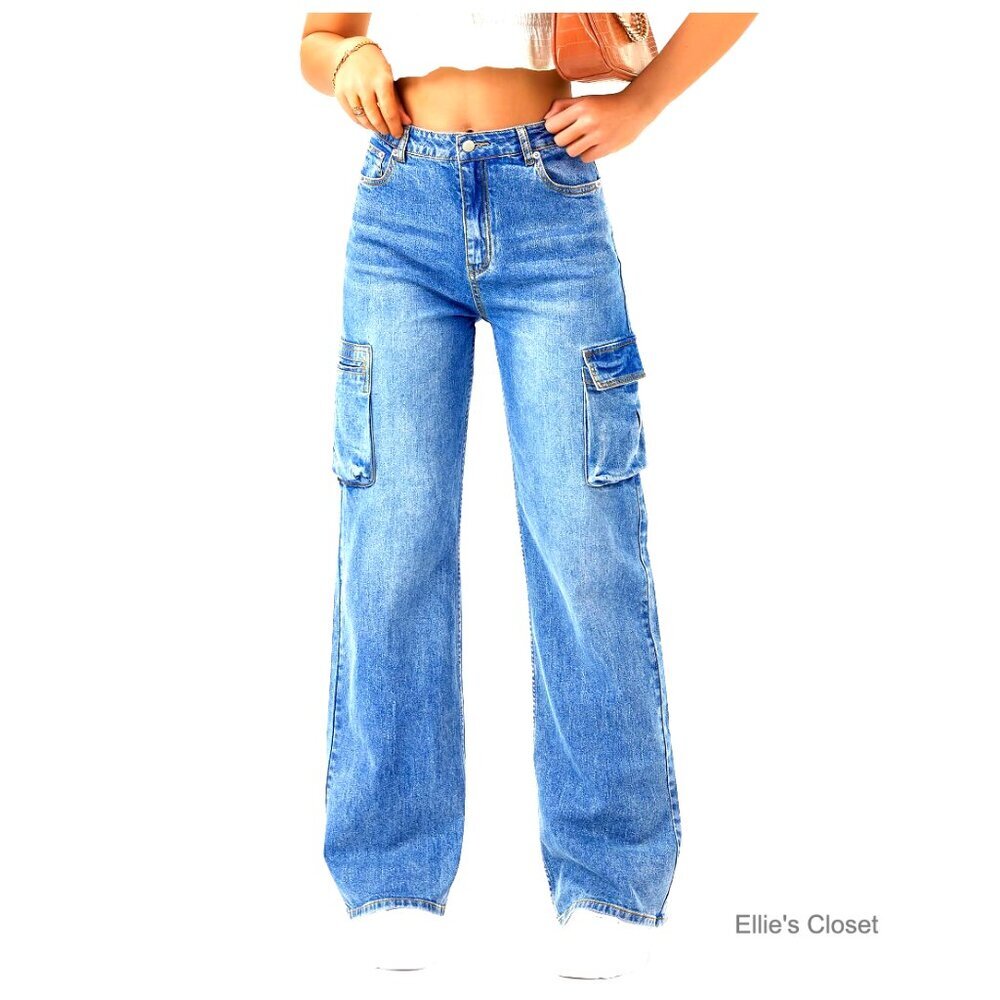 High Waisted Cargo Jeans with 6 Pockets Wide Leg Denim Pants